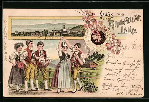 Lithographie Junge Männer und Frauen aus dem Appenzeller Land in Trachten