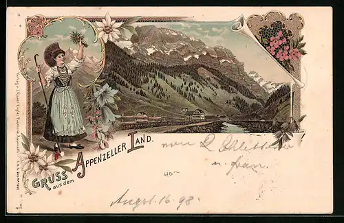 Lithographie Frau aus dem Appenzeller Land in Tracht