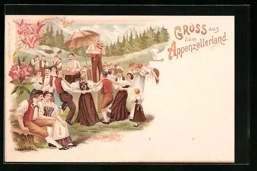 Lithographie Gruppe in Trachten auf einem Fest, Appenzellerland