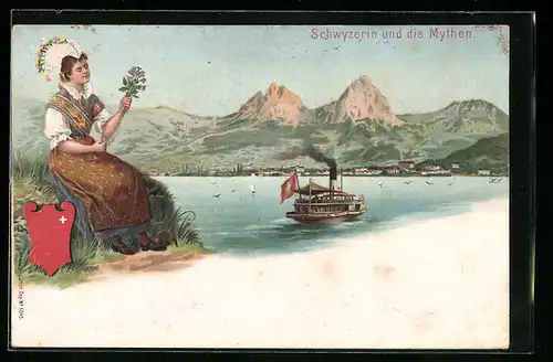 Lithographie Schwyzerin in Tracht und die Mythen, Dampfer