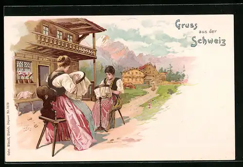 Lithographie Frauen in Schweizer Tracht beim Sticken