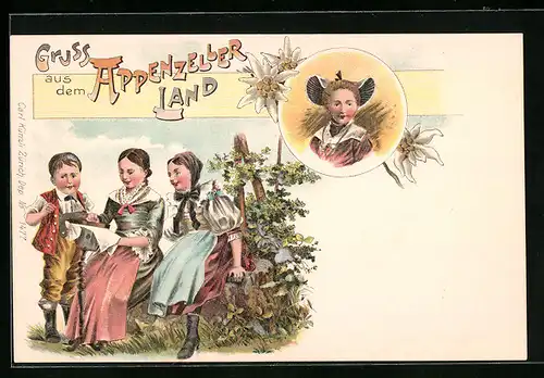 Lithographie Kinder in Appenzeller Tracht