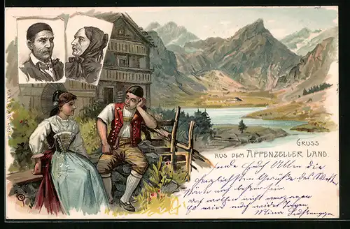 Lithographie Paar in Appenzeller Tracht sitzt vor dem Haus, Altes Ehepaar