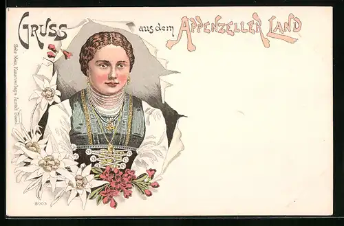 Lithographie Junge Frau in Appenzeller Tracht