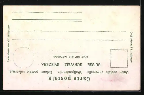 Lithographie Appenzellerin in Tracht mit Bergpanorama