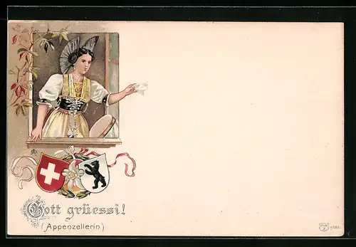 Lithographie Appenzellerin in Tracht