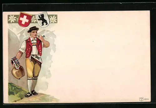 Lithographie Mann in Tracht mit Kuhglocke