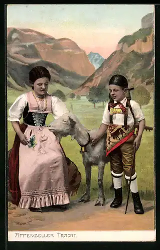 Lithographie Frau und Junge in Appenzeller Tracht mit Ziege
