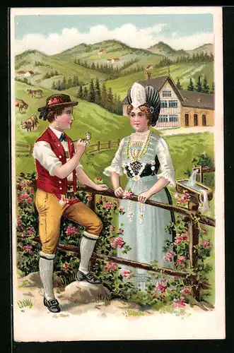Lithographie Liebespaar in Schweizer Tracht am Zaun