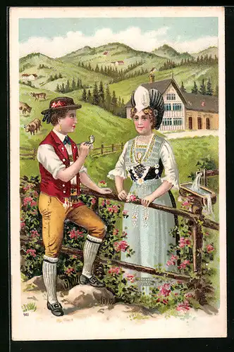 Lithographie Mann und Frau in Schweizer Tracht an einem Zaun