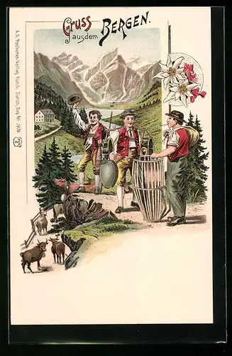 Lithographie Appenzeller Land, Gebirgsblick mit Herren in Trachten