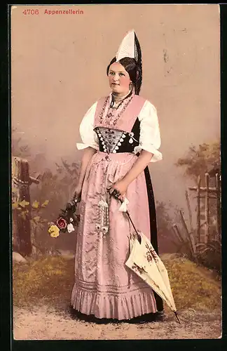 AK Appenzellerin in Tracht mit Schirm und Blumen