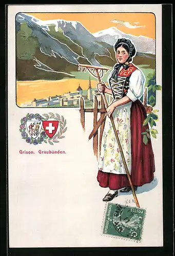 AK Ort mit Bergen und Frau in Tracht