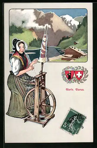 AK Frau in Tracht am Spinnrad