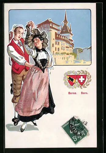 AK Tanzendes Paar in Schweizer Tracht