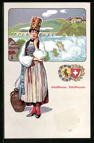 AK Frau in Schweizer Tracht mit Tonkrug