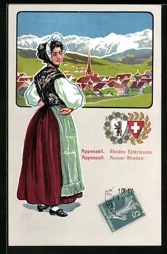 AK Appenzell-Ausser Rhoden, Ortsansicht, Frau in Tracht, Wappen