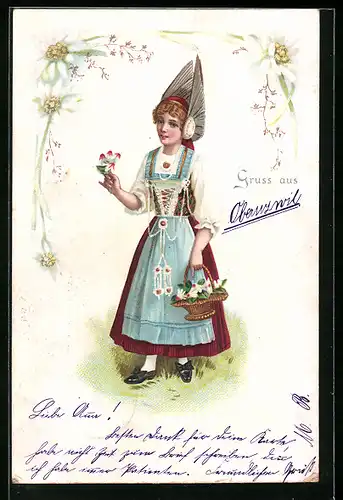 Lithographie Frau in Schweizer Tracht mit Blumen