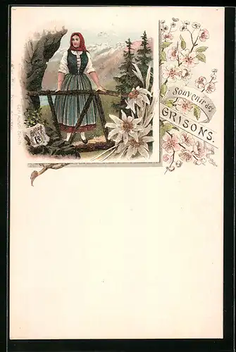 Lithographie Frau in Schweizer Tracht auf einer Brücke