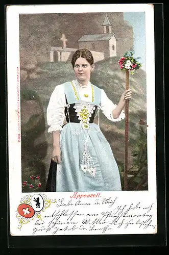 AK Appenzellerin mit Blumenstab vor einer Kirche