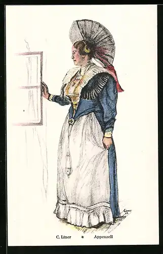 AK Ältere Frau in Appenzeller Tracht an einem Fenster