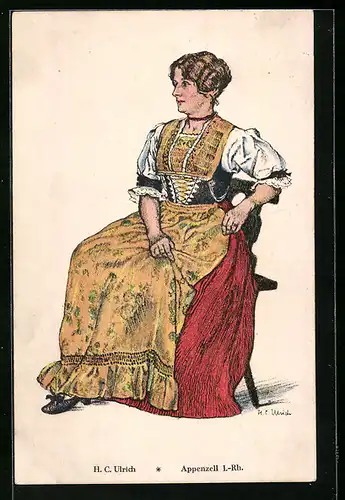 AK Dame in Appenzeller Tracht auf einem Stuhl sitzend
