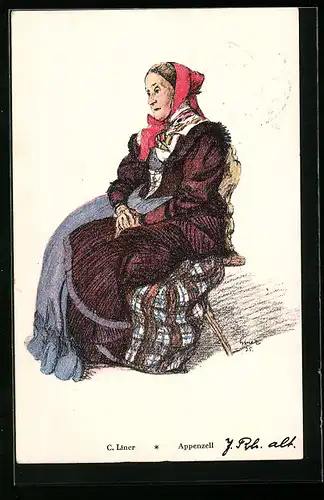 AK Ältere Frau in Appenzeller Tracht mit rotem Kopftuch