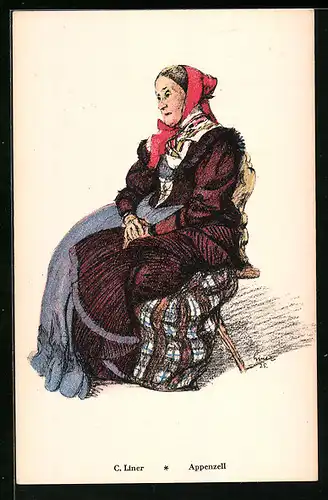 AK Ältere Frau in Appenzeller Tracht, auf einem Stuhl sitzend