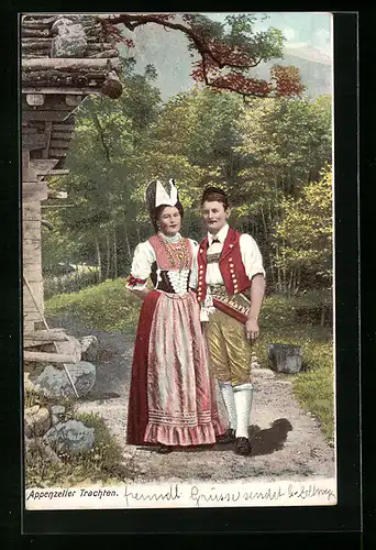 AK Paar in Appenzeller Tracht auf einem Waldweg