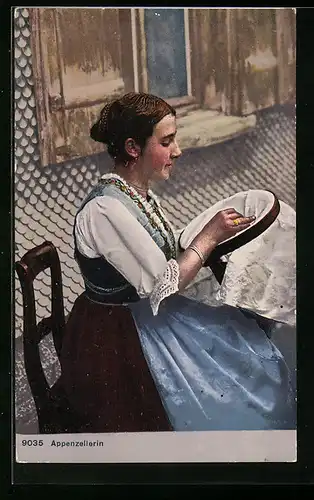 AK Appenzellerin in Tracht beim Sticken