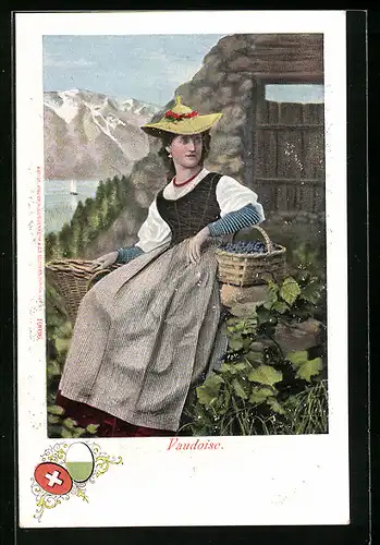 AK Vaudoise, Junge Frau in Tracht mit Beerenkorb, Wappen