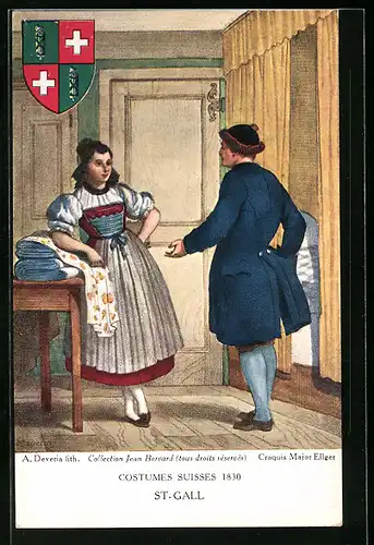 AK Paar in St. Gallener Tracht in einer Stube, Wappen