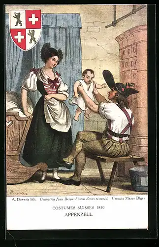 AK Paar in Appenzeller Tracht mit Säugling und Wiege, Wappen, Schweizer Trachten 1830