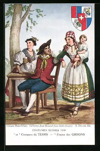 AK Wirtshausszene mit Tessiner und Graubündner Trachten, Wappen, Schweizer Trachten 1830