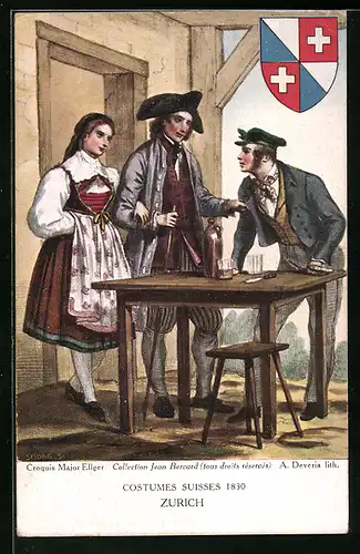 AK Am Wirtshaustisch in Züricher Tracht, Wappen, Schweizer Trachten 1830