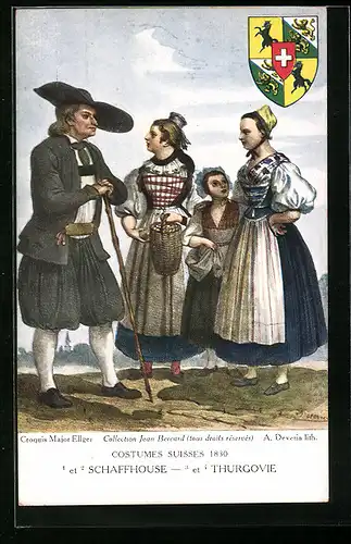 AK Gruppe in Schaffhausener und Thurgauer Trachten, Wappen, Schweizer Trachten 1830