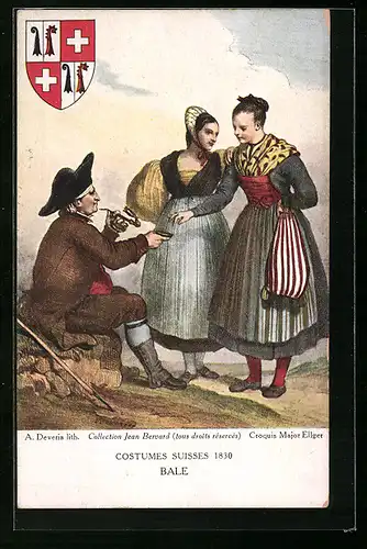 AK Raucher und zwei Damen, Bale, Wappen, Schweizer Trachten 1830