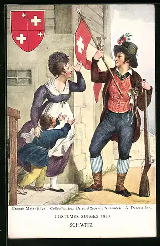 AK Mann mit Gewehr und Fahne, Mutter und Kind, Wappen, Schweizer Trachten 1830