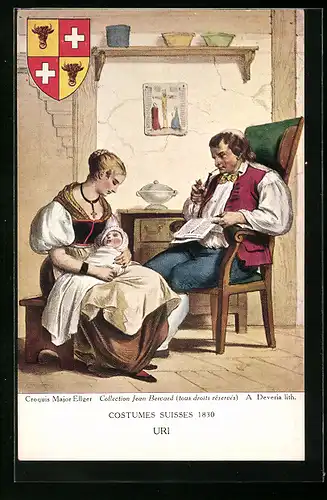 AK Paar in Trachten des Kantons Uri mit Säugling, Wappen, Schweizer Trachten 1830