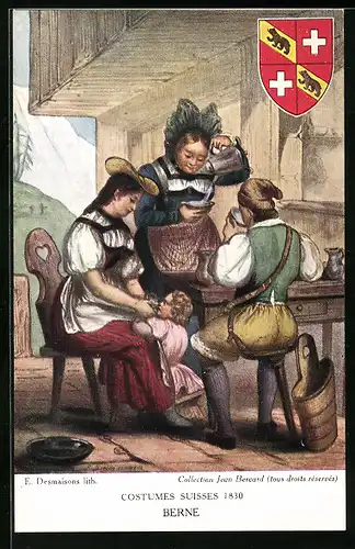 AK Familie in Berner Trachten, Wappen, Schweizer Trachten 1830