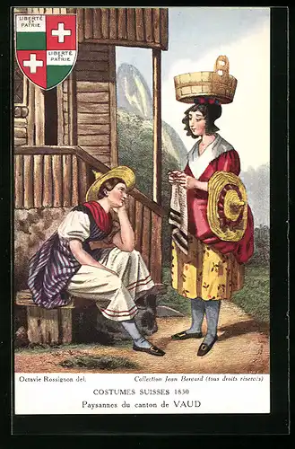 AK Bäuerinnen in Trachten des Kantons Waadt, Wappen, Schweizer Trachten 1830