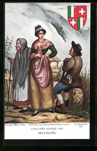 AK Gruppe in Trachten des Kantons Neuchatel, Wappen, Schweizer Trachten 1830