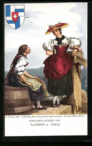AK Zwei Frauen in Zuger und Luzerner Trachten, Wappen, Schweizer Trachten 1830