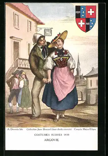 AK Paare in Aargauer Trachten, Wappen, Schweizer Trachten 1830