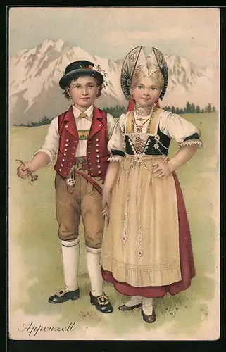 AK Kleines Paar in Appenzeller Tracht vor Bergkette
