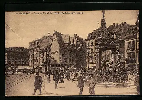 AK Mainz, Marktplatz mit Brunnen