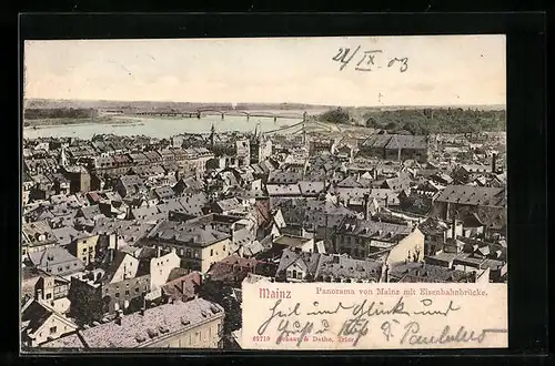 AK Mainz, Panorama mit Eisenbahnbrücke