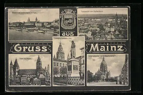 AK Mainz, Rheinansicht mit Stadthalle und Dom, Totalansicht vom Stephansturm