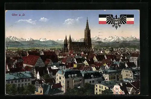 AK Ulm a. D., Ortsansicht mit Kirche, Wappen