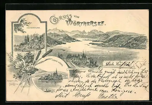Lithographie Maria Wörth /Wörthersee, Ortsansicht mit Kirche, Freyenturm, Loretto